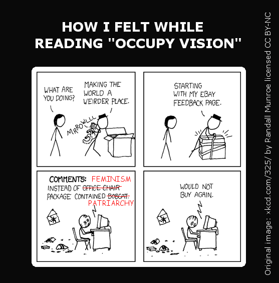 This is an XKCD comic which I modified. Panel 1: A man stands next to an open box holding a growling cat. A woman says 'What are you doing?' and the man replies 'Making the world a weirder place.' Panel 2: The man is wrapping tape around the box, with the cat inside it. The man says: 'Starting with my EBAY feedback page'. Panel 3: A bruised person surrounded by debris sits at a computer, typing. In the original comment it said 'Instead of office chair package contained bobcat.', but I've altered it to say 'Instead of feminism package contained Patriarchy'. Panel 4: Same image as panel 3, with the person typing: 'Would not buy again.'